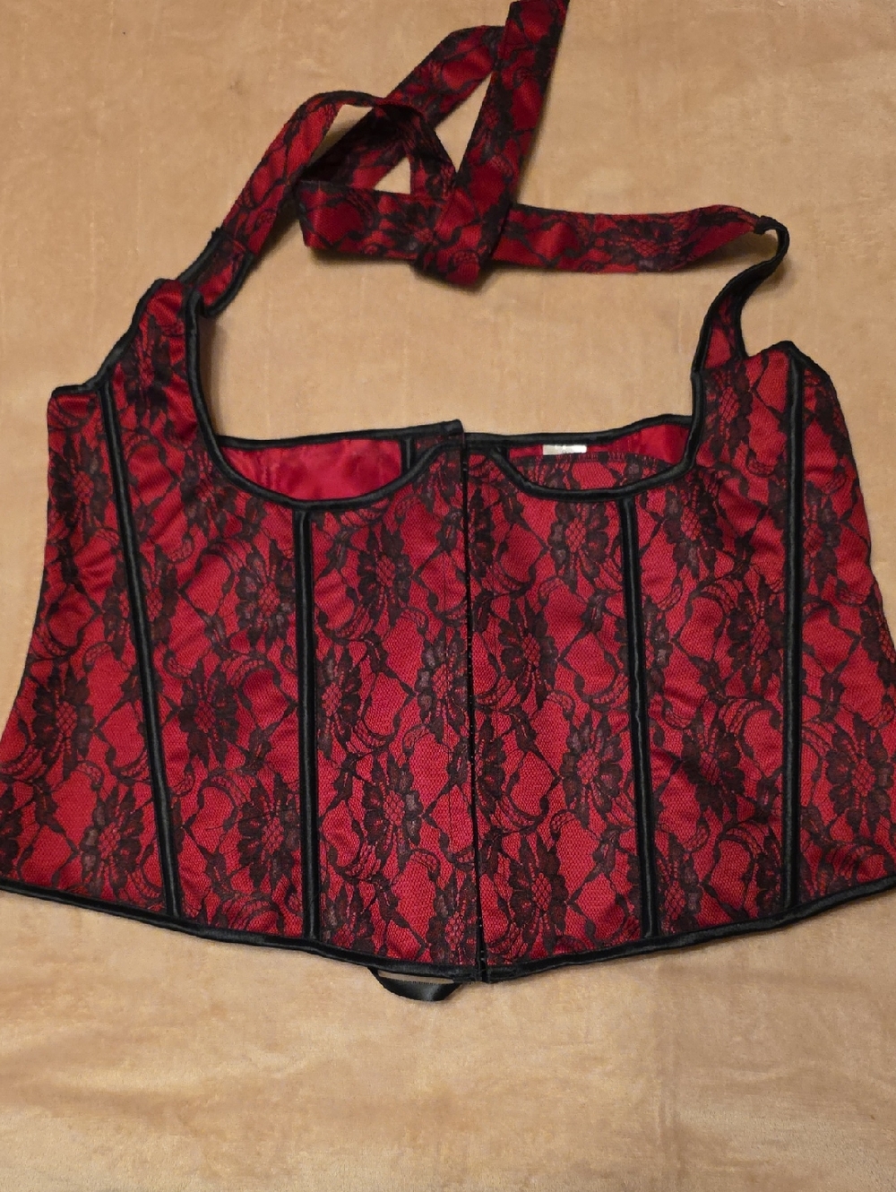 Red Lace Corset Top with Black Trim